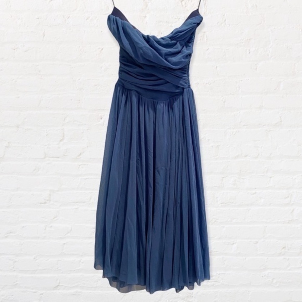 FUZZI XS Dark Blue Strapless Ruched Chiffon Designer Dress